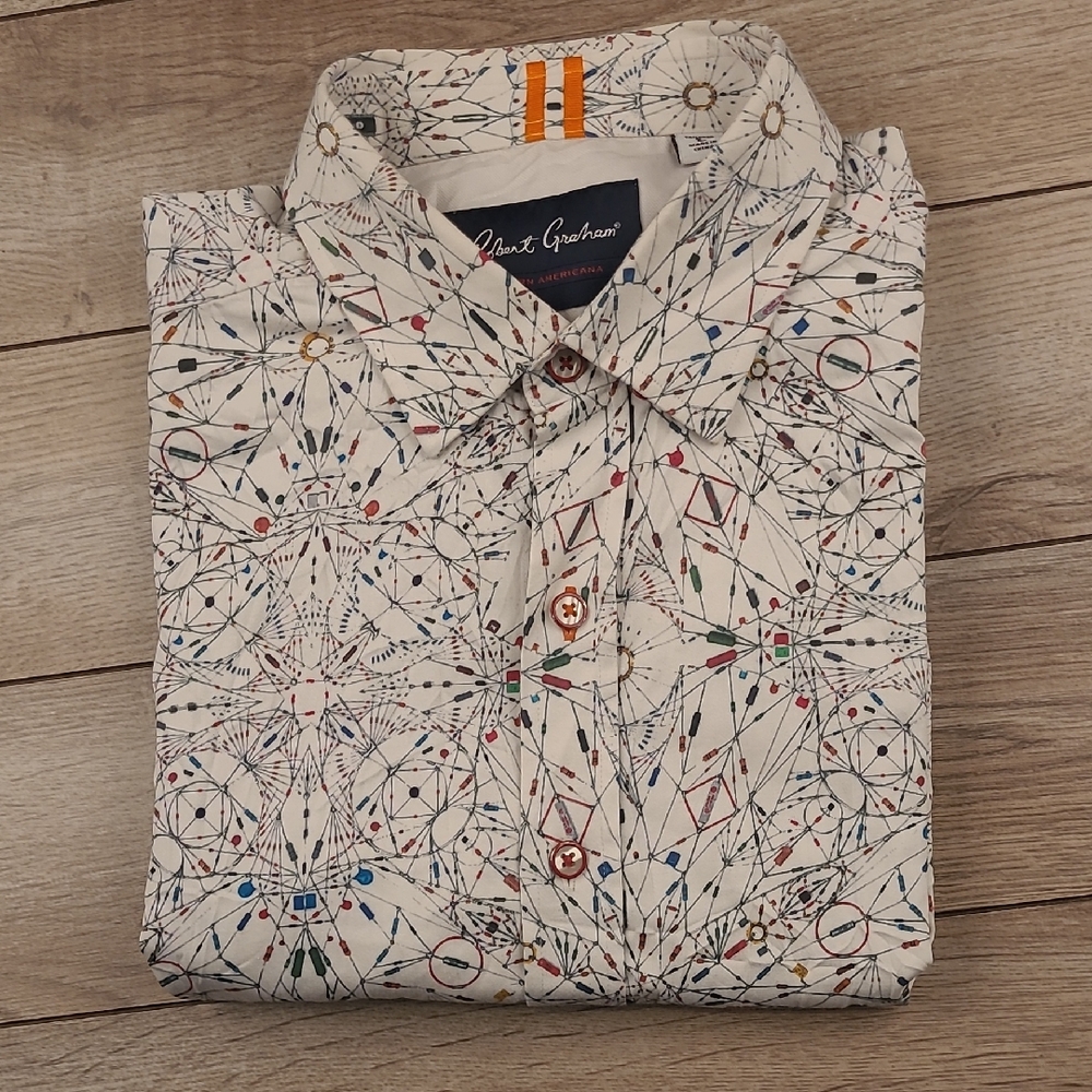ROBERT GRAHAM Tailored Fit White‎ Beige Multicolor Abstract L Short Sleeve Shirt